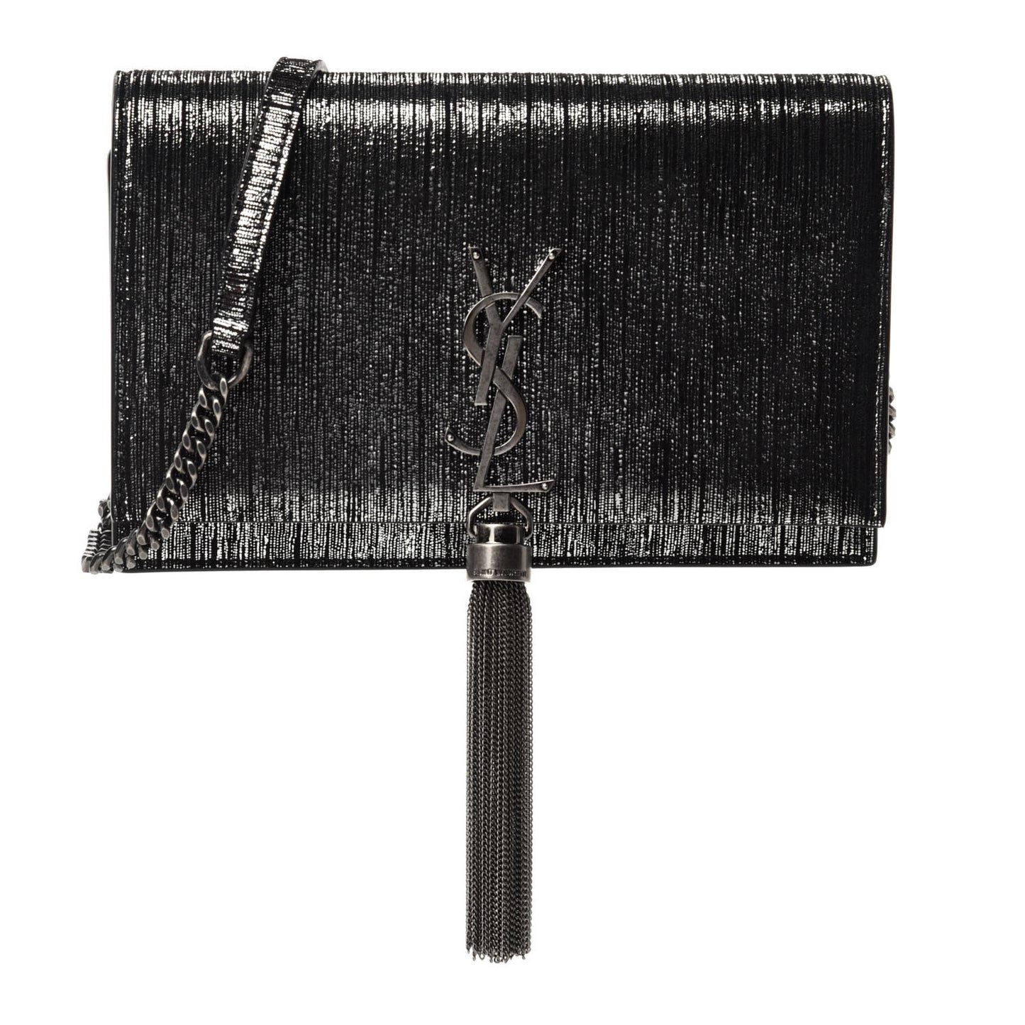 Metallic Suede Classic Monogram Kate Tassel Chain Wallet Black Silver