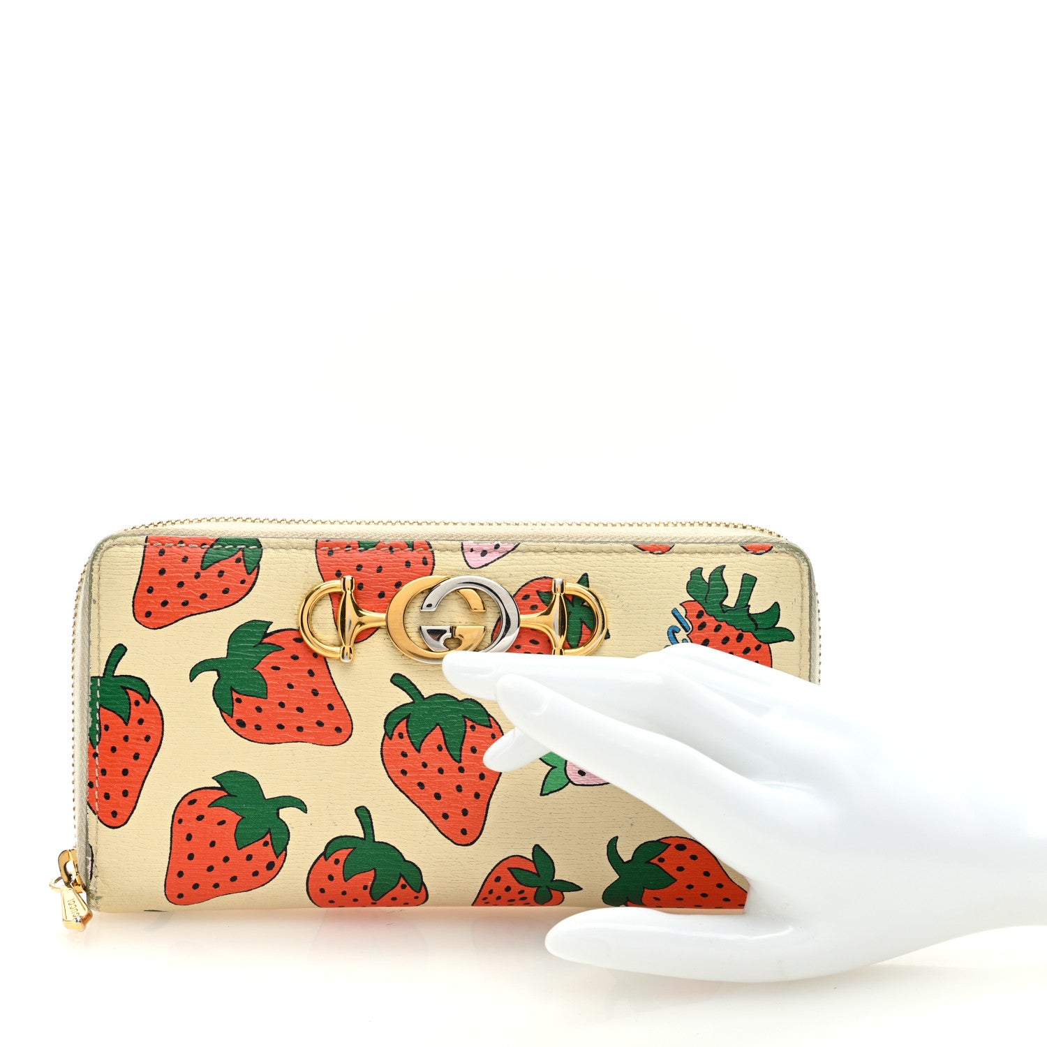 Gucci Grainy Calfskin Strawberry Zumi Zip Around Wallet Ivory Red 2 of 10