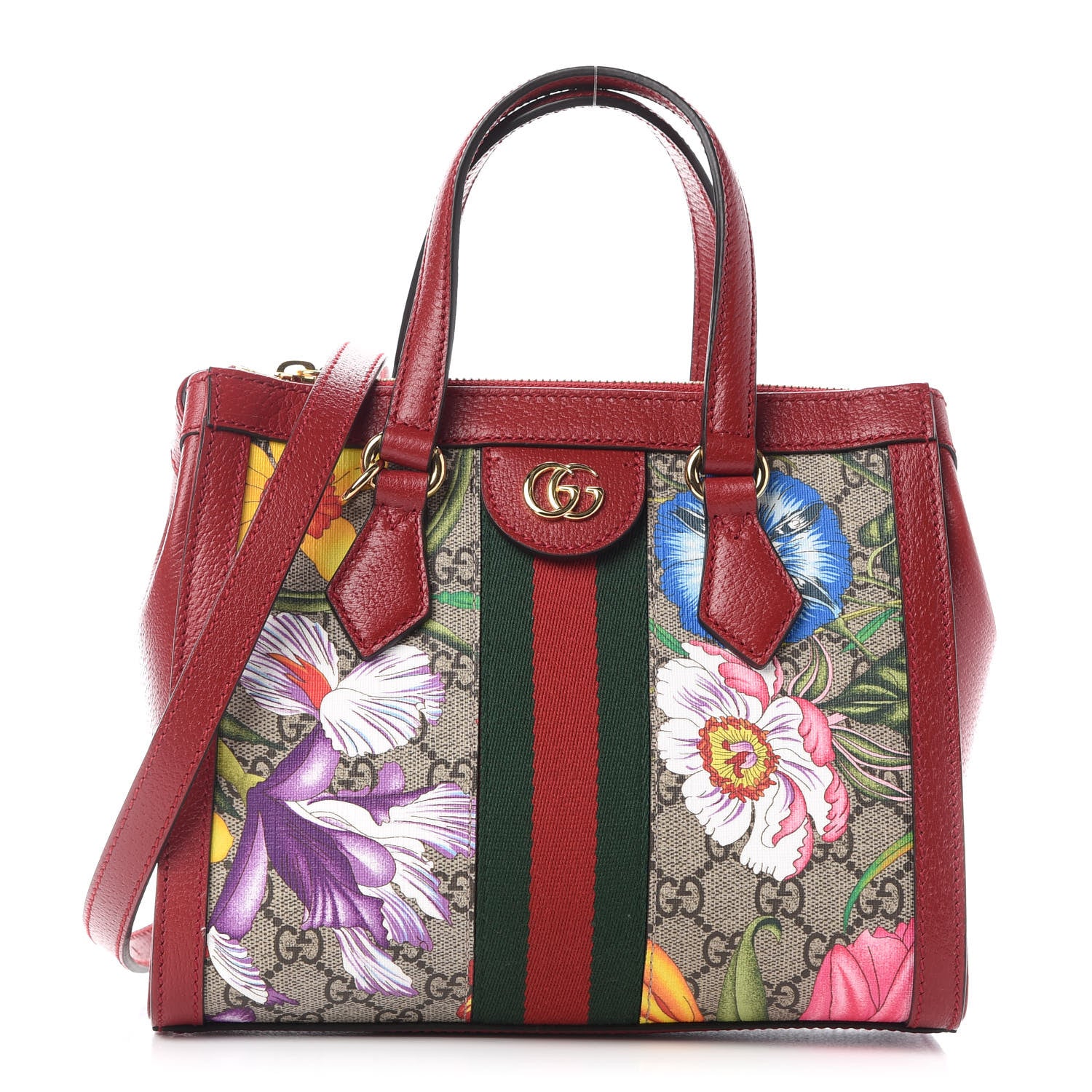 Gucci GG Supreme Monogram Flora Web Small Ophidia Tote Bag Red 1 of 10