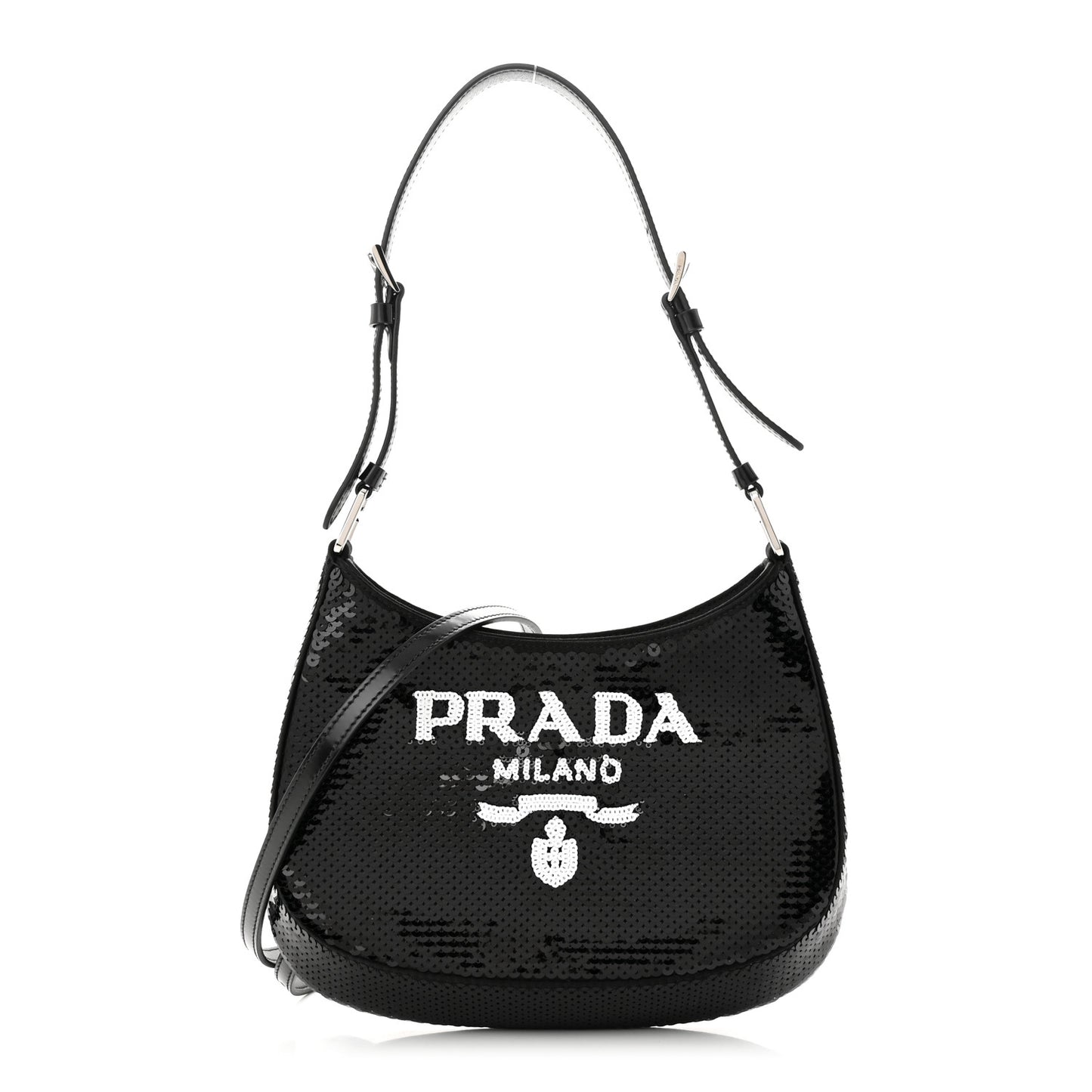 Paillettes Sequin Logo Cleo Adjustable Strap Shoulder Bag Black White
