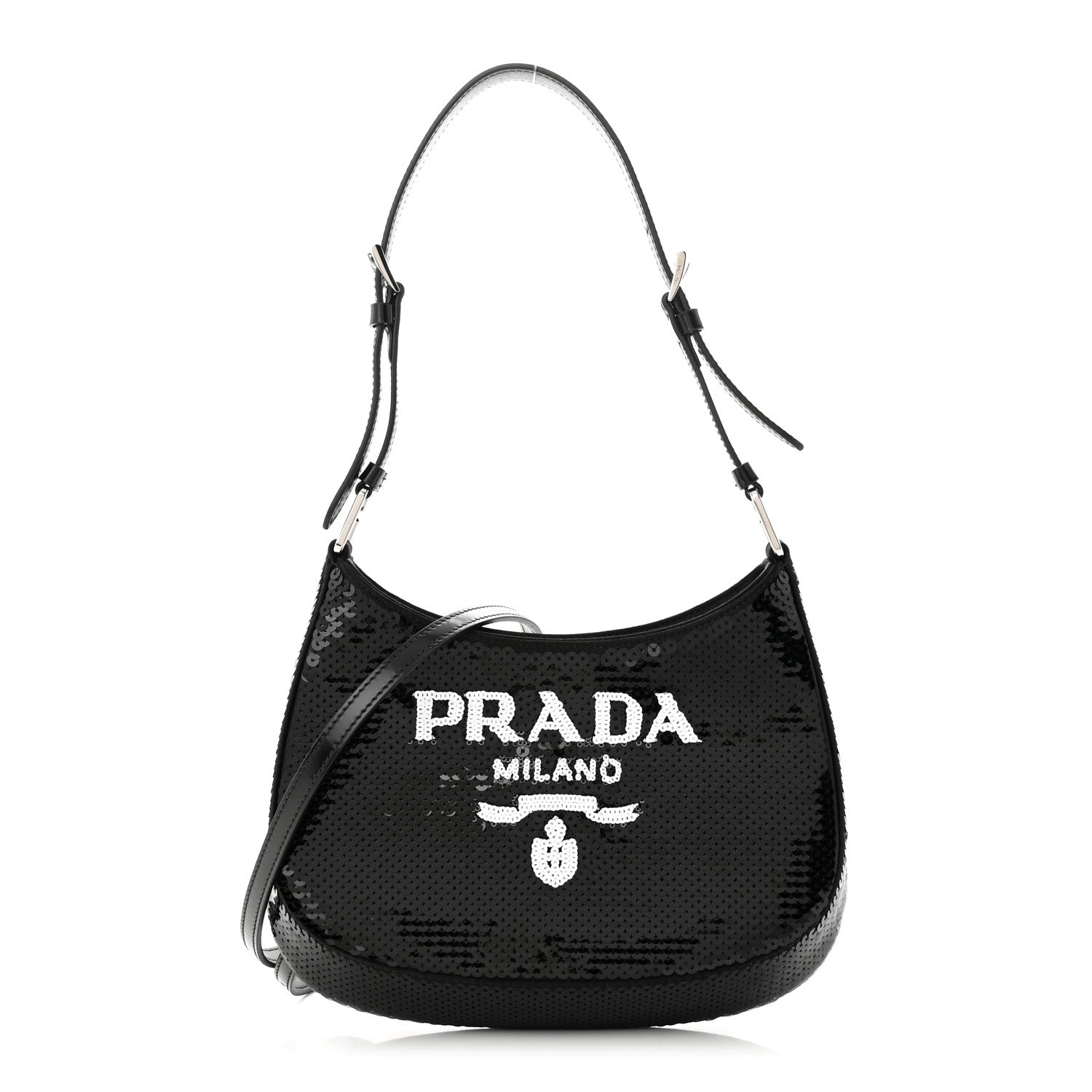 Prada Paillettes Sequin Logo Cleo Adjustable Strap Shoulder Bag Black White 1 of 10