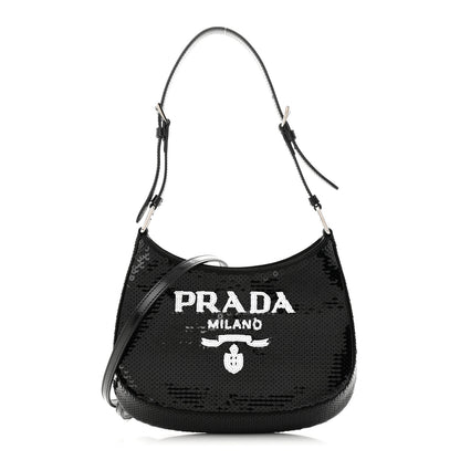 Prada Paillettes Sequin Logo Cleo Adjustable Strap Shoulder Bag Black White 1 of 10