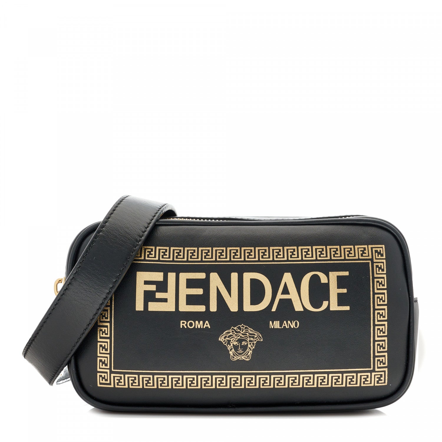 Fendi X VERSACE Vitello Cover Fendace Medusa Small Camera Case Black Gold 1 of 11