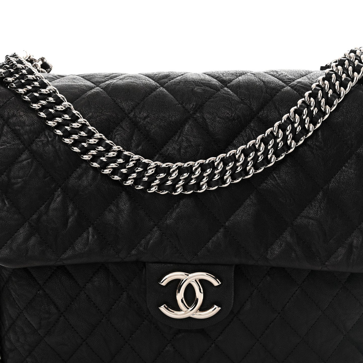 Washed Lambskin Quilted Maxi Chain Around Flap Black