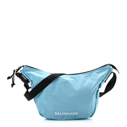 Balenciaga Recycled Sport Nylon Logo Embroidered Large Wheel Sling Bag Blue White 1 of 11