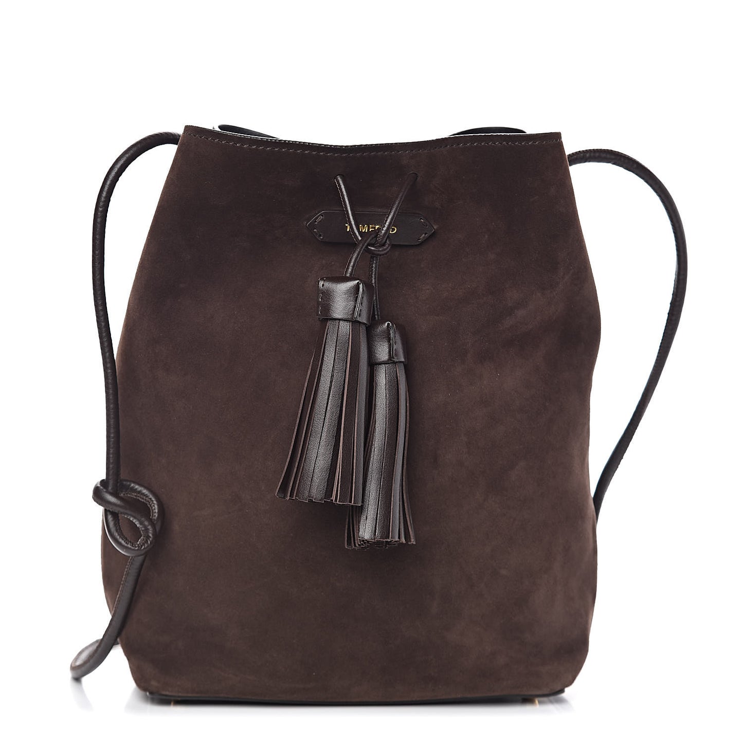 Suede Medium Double Tassel Bucket Bag Dark Brown