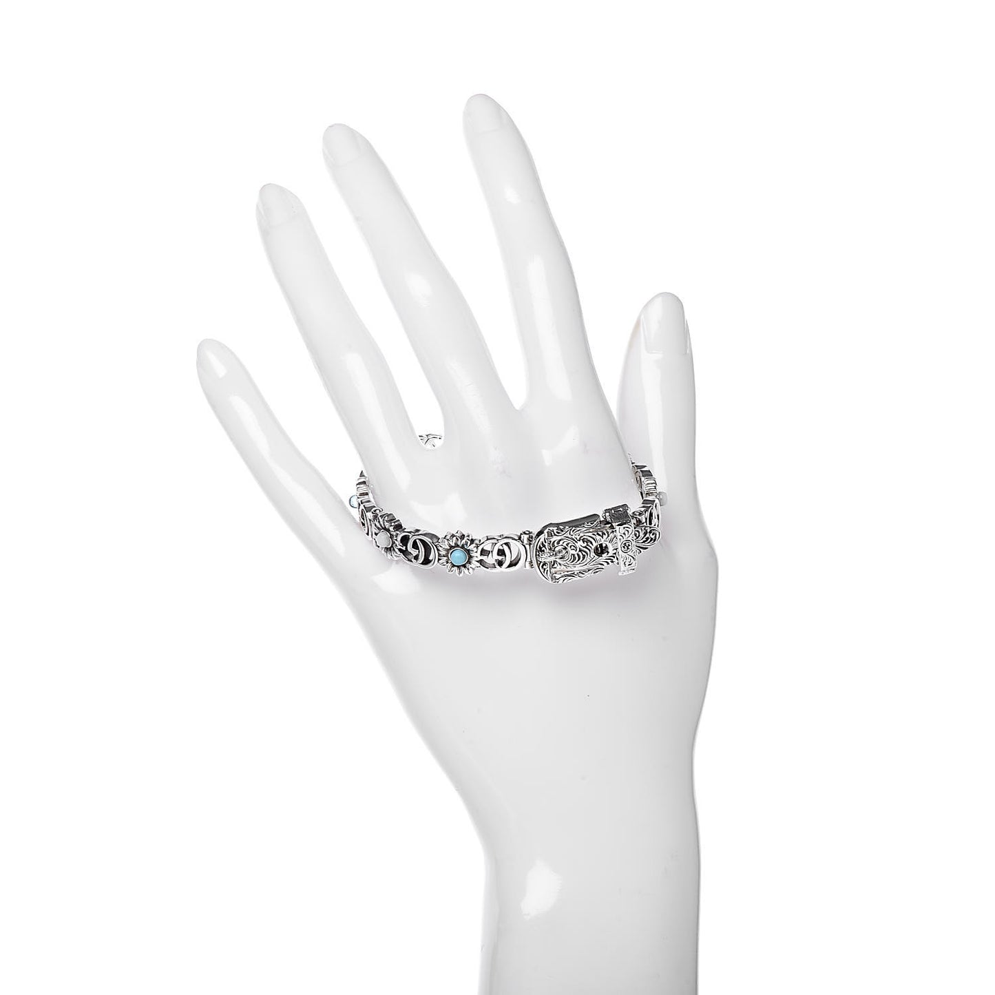Sterling Silver Blue Topaz Mother of Pearl Turquoise Resin Double G Flower Bracelet