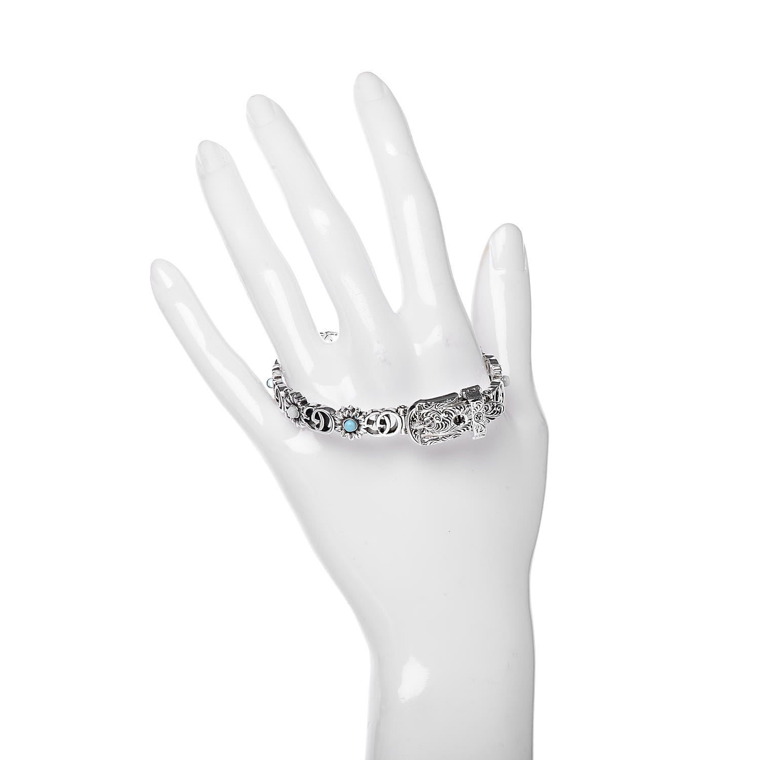 Gucci Sterling Silver Blue Topaz Mother of Pearl Turquoise Resin Double G Flower Bracelet 2 of 4