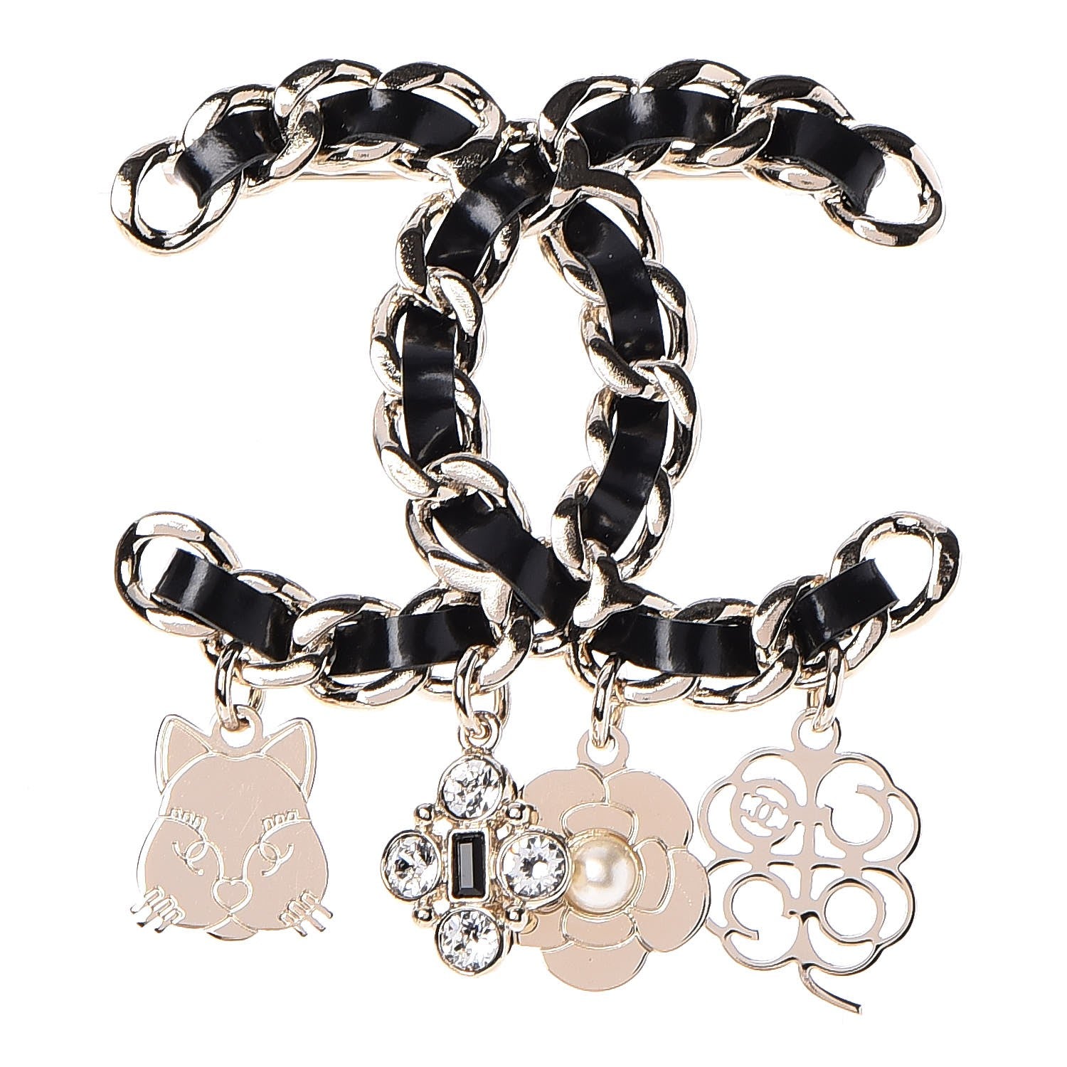 Chanel Lambskin Crystal Chain CC Charms Brooch Black Gold 1 of 6