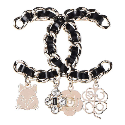 Chanel Lambskin Crystal Chain CC Charms Brooch Black Gold 1 of 6