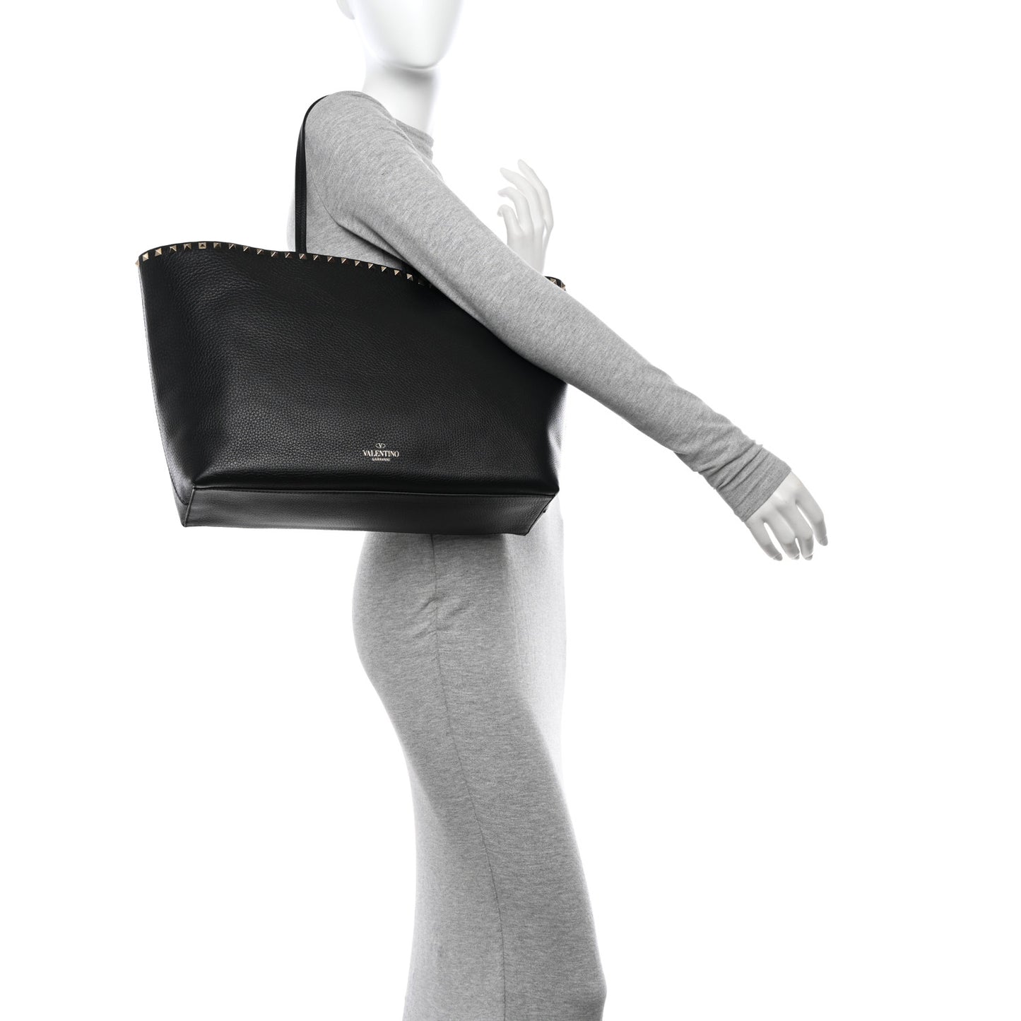 Grained Calfskin Rockstud Shoulder Tote Black