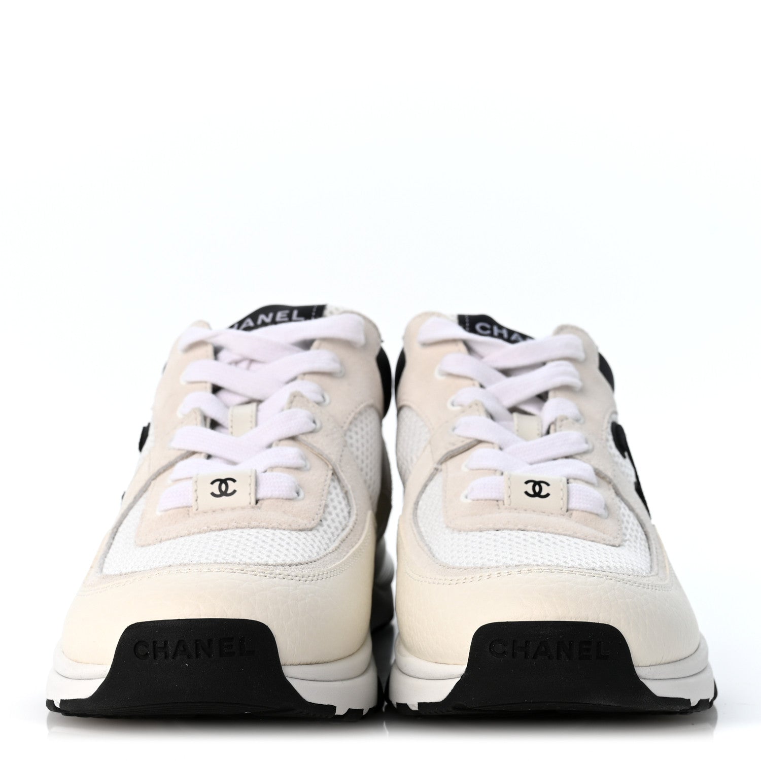Chanel Mesh Suede Calfskin Grained Calfskin Womens CC Sneakers 37.5 White Black 3 of 10