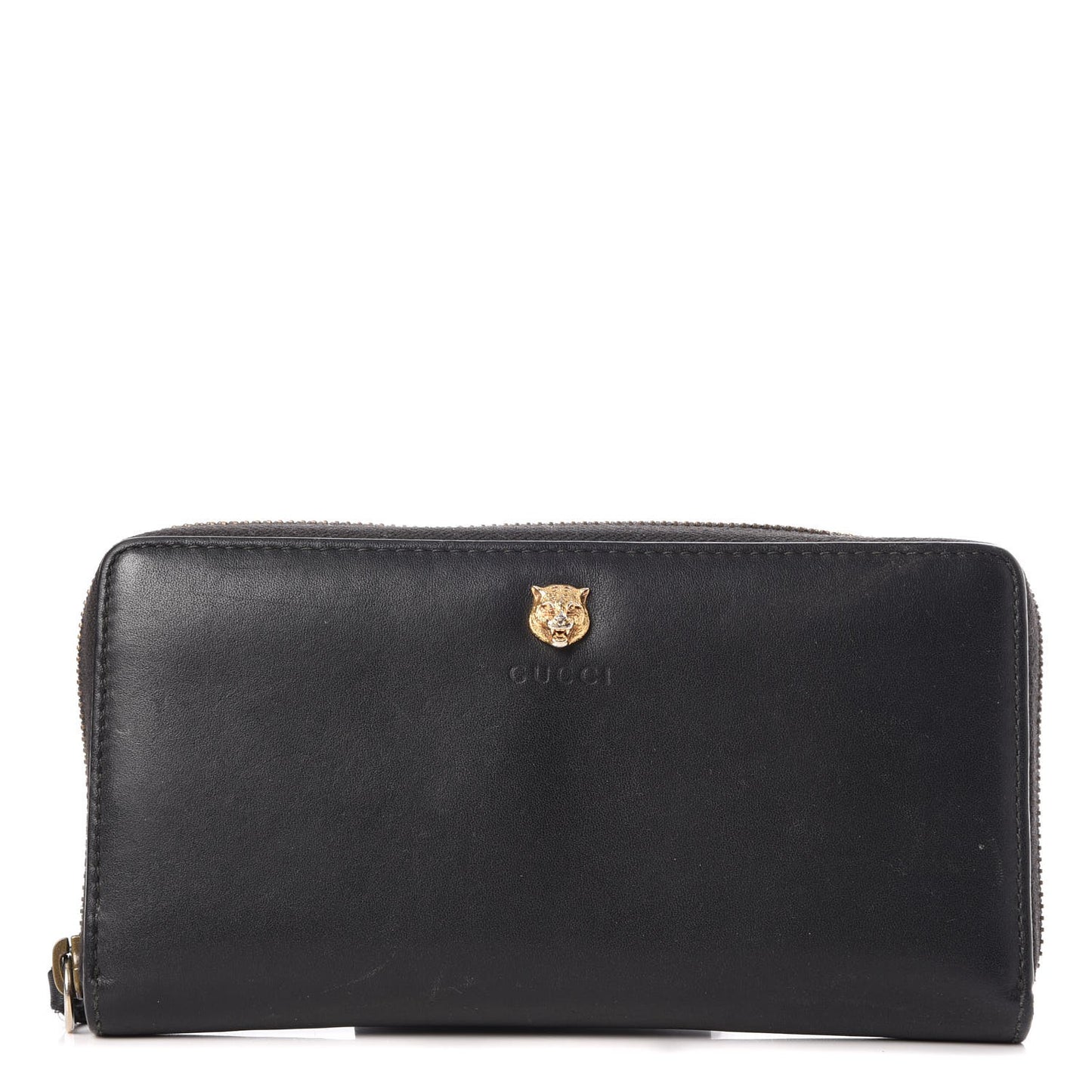 Calfskin Tiger Head Zip Around Wallet Black
