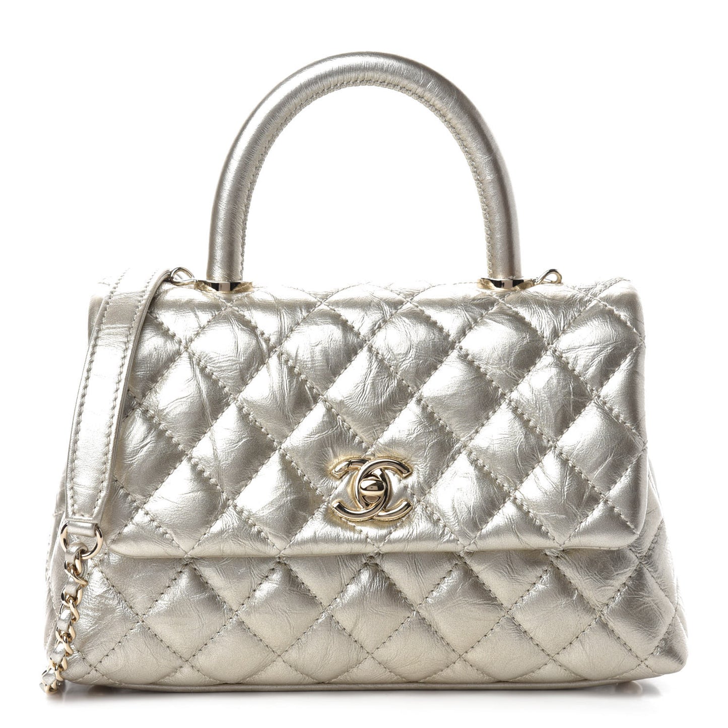 Metallic Aged Calfskin Quilted Mini Coco Handle Flap Gold