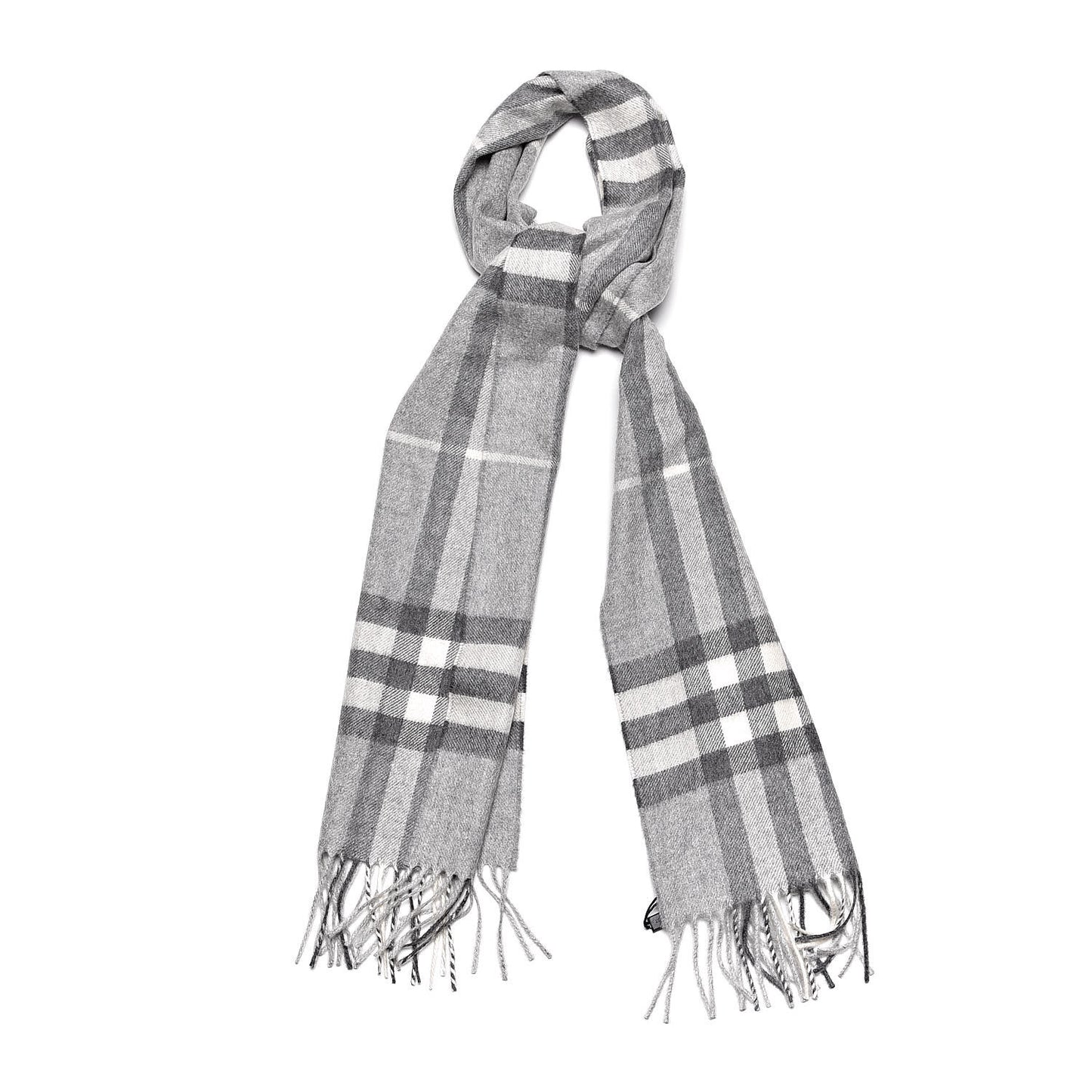 Cashmere Giant Check Fringe Scarf Pale Grey