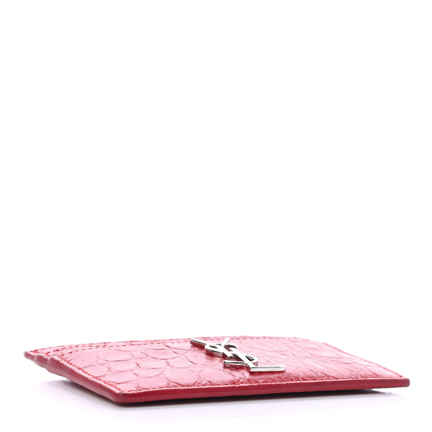 Saint Laurent Calfskin Crocodile Embossed Monogram Credit Card Case Red 3 of 4