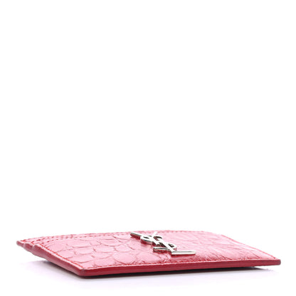 Saint Laurent Calfskin Crocodile Embossed Monogram Credit Card Case Red 3 of 4