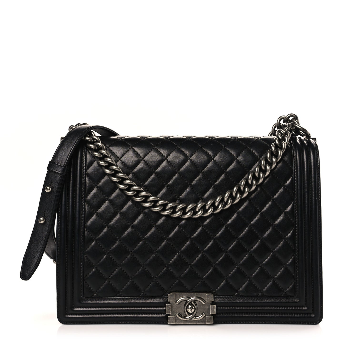 Calfskin Quilted Large Boy Flap Black