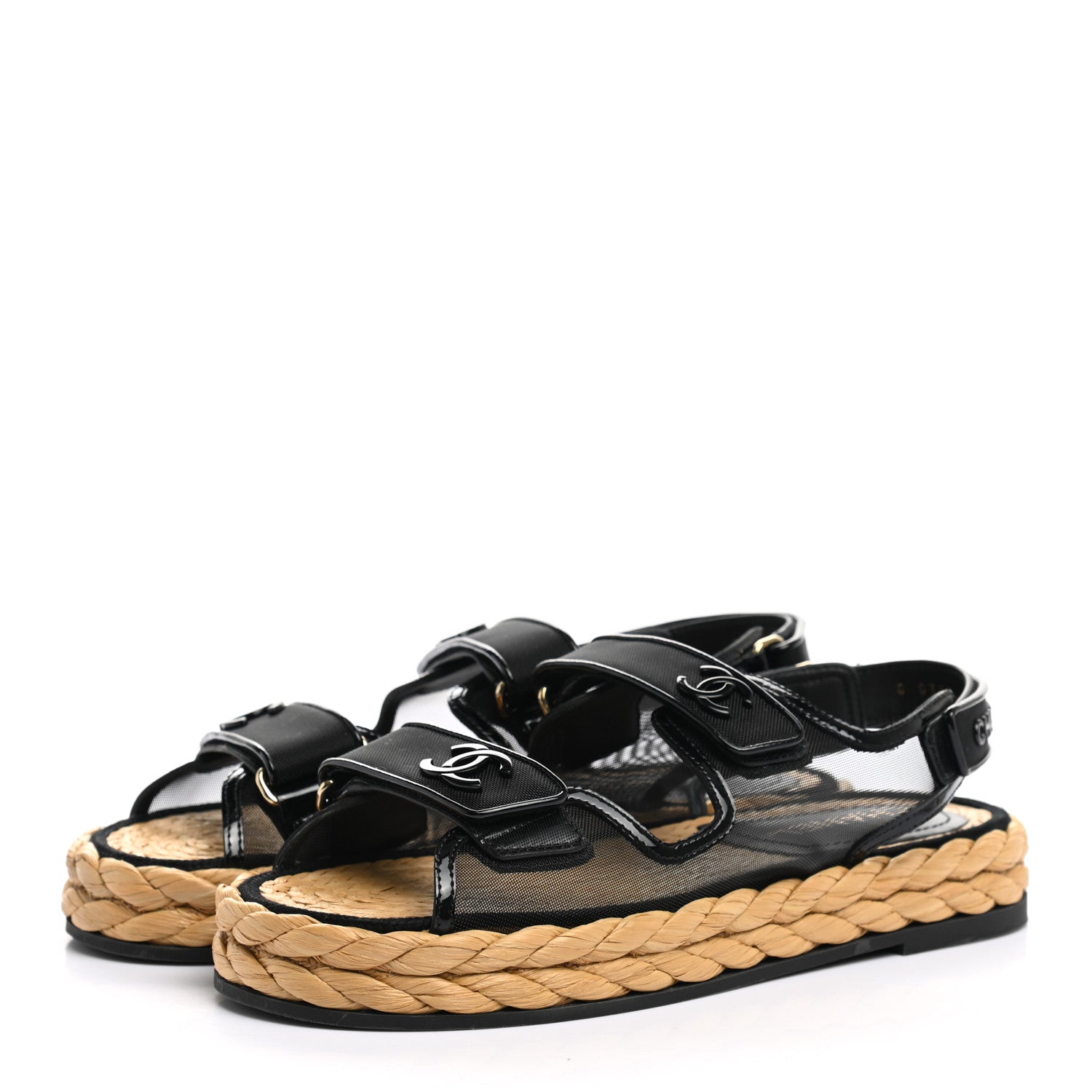 Chanel Mesh Patent Calfskin Velcro Dad Sandals 39 Black 3 of 10