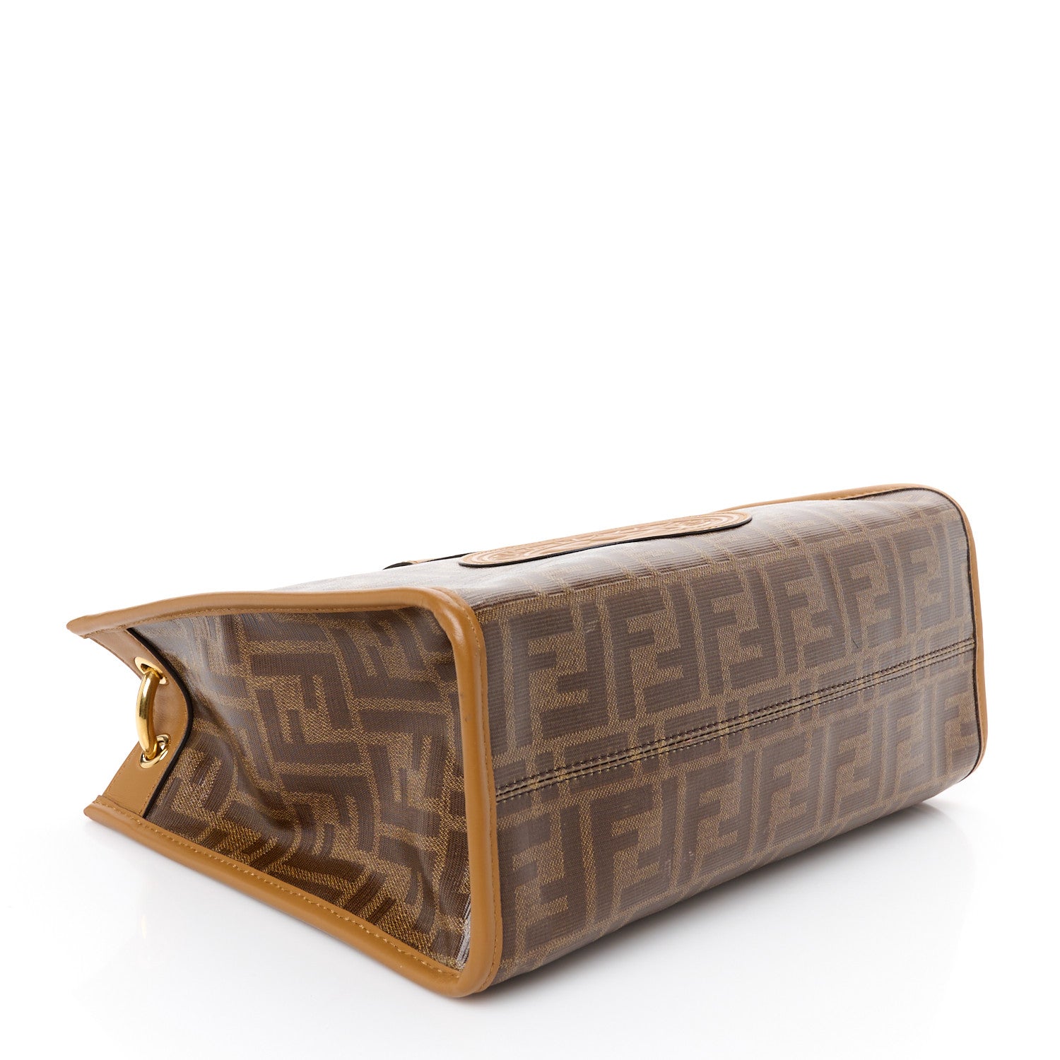 Fendi Glazed Fabric Vitello Century Plexiglass FF 1974 Stamp Patch Small Runaway Shopper Tote Mogano Panna Nocciola 4 of 10
