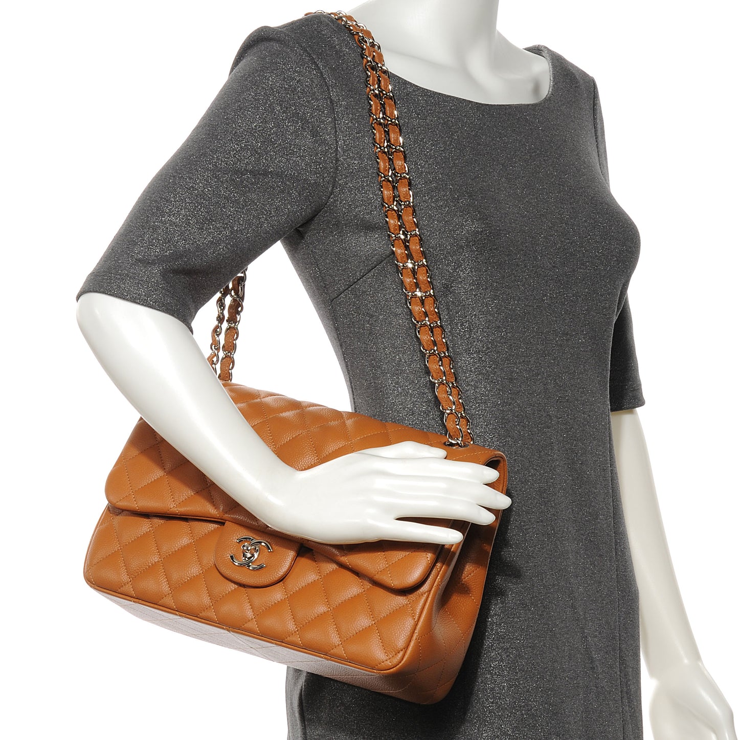 Caviar Quilted Jumbo Double Flap Light Brown