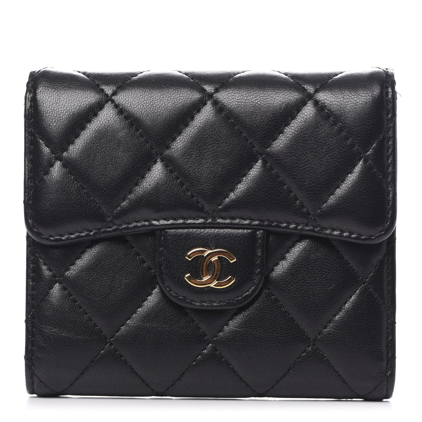 Lambskin Quilted Compact Flap Wallet Black