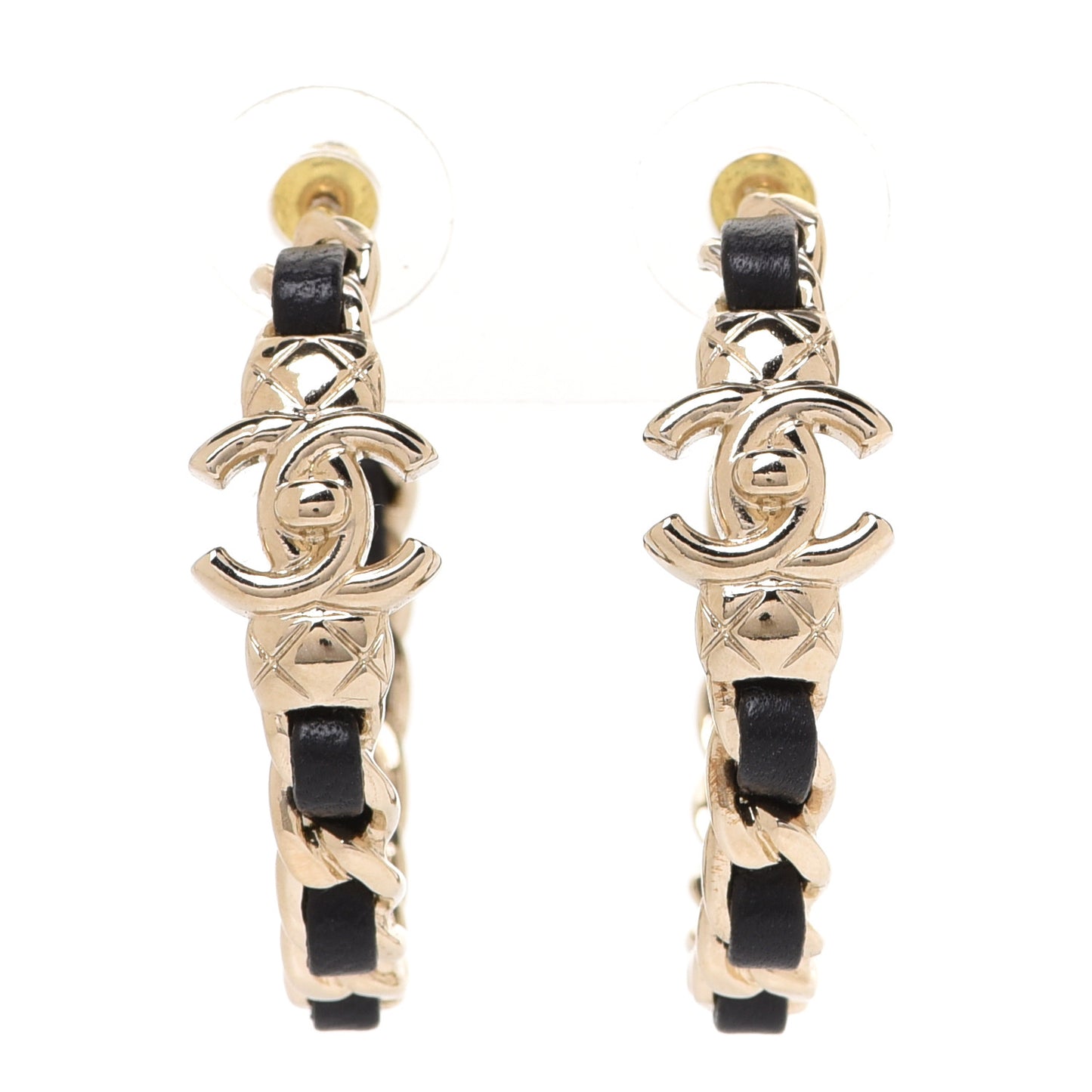 Metal Lambskin Quilted CC Turnlock Chain Hoop Earrings Gold Black