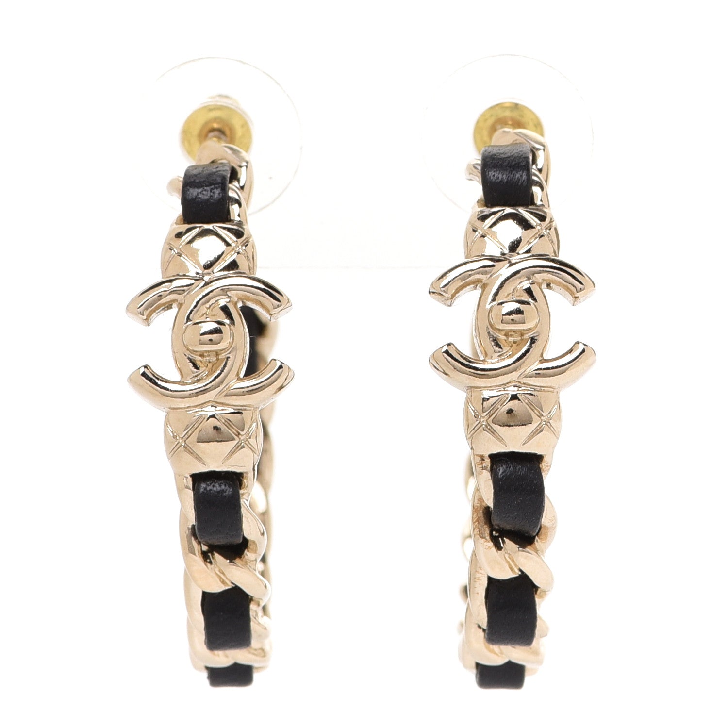 Chanel Metal Lambskin Quilted CC Turnlock Chain Hoop Earrings Gold Black 1 of 5