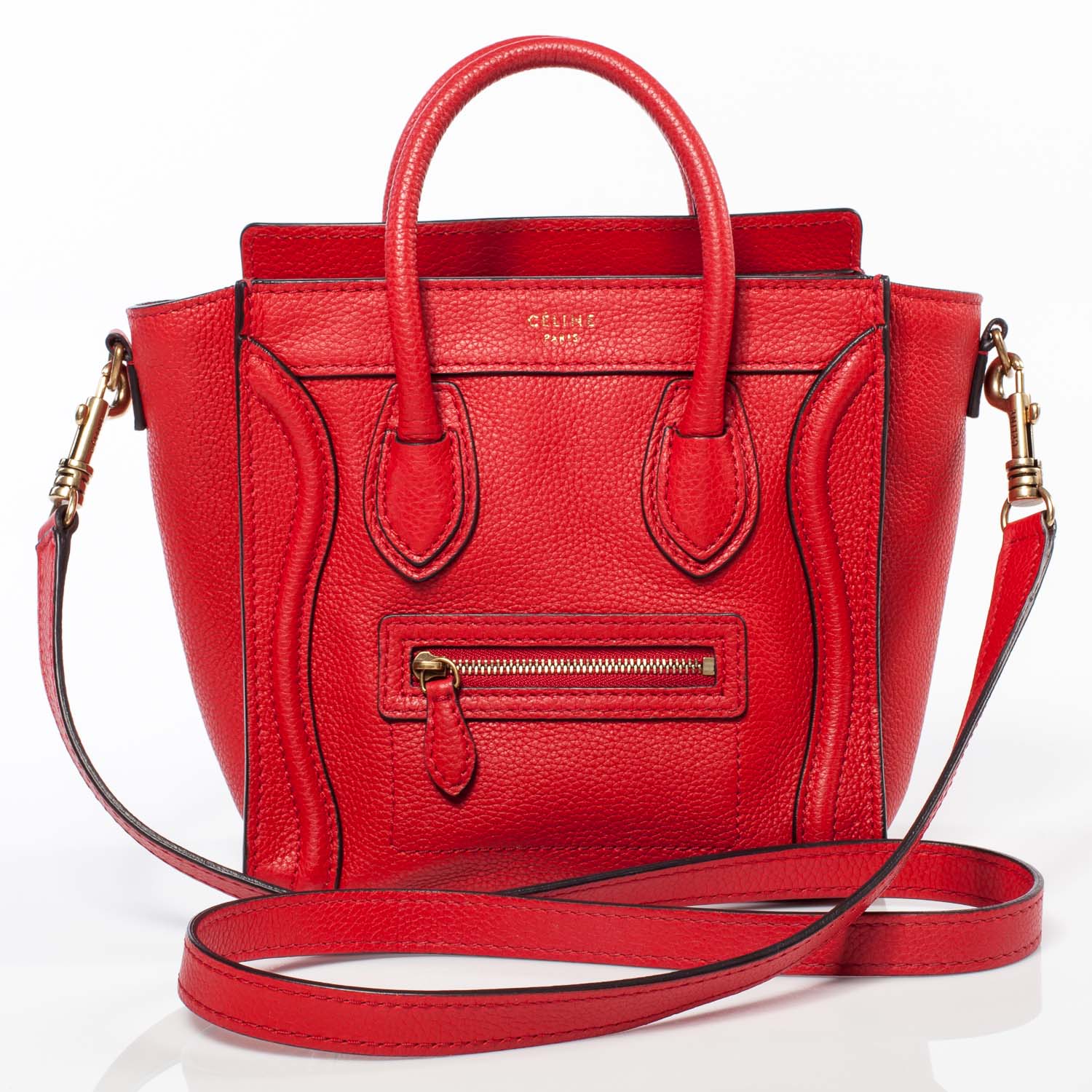 Celine Drummed Leather Nano Luggage Coquelicot Red 1 of 8