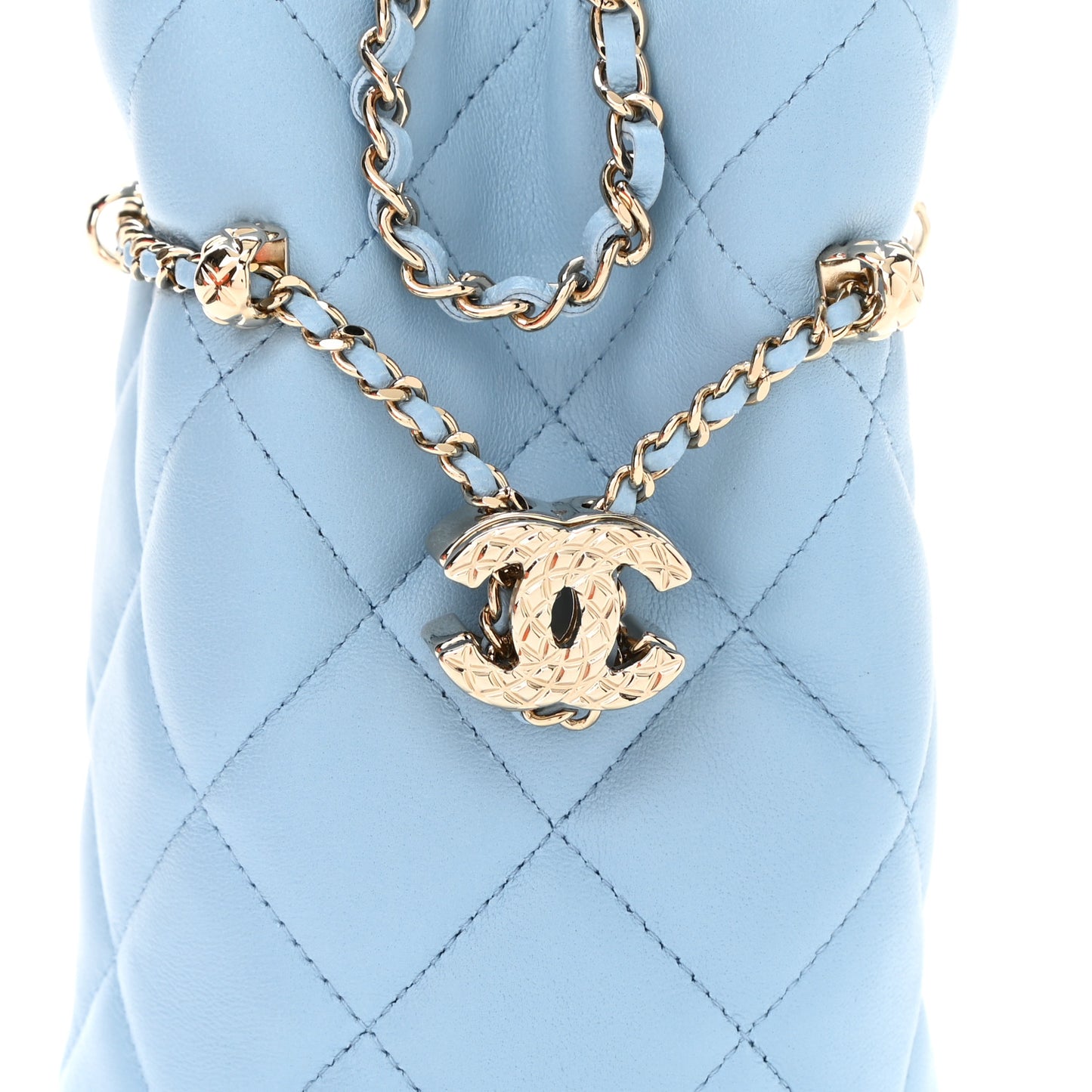Lambskin Quilted Mini Drawstring Bucket Bag With Chain Light Blue
