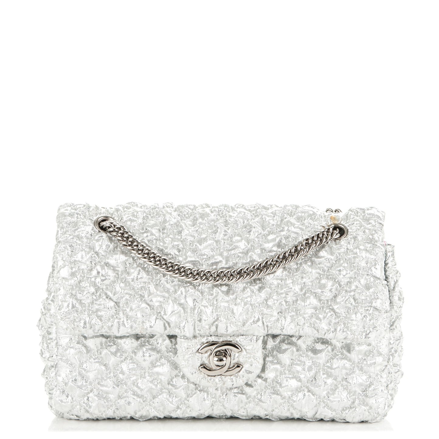 Metallic Lame Quilted Small Double Flap Silver