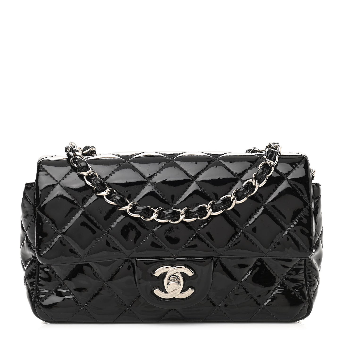 Patent Calfskin Quilted Mini Rectangular Flap Black