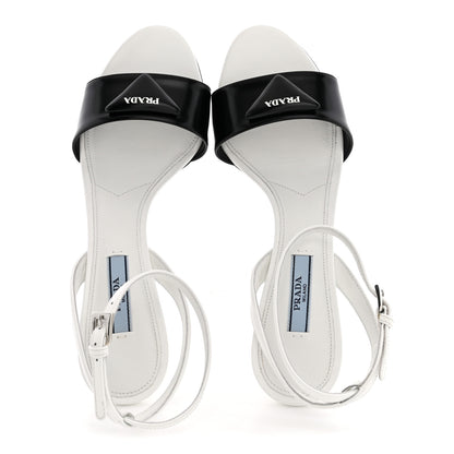 Prada Spazzolato Metal Triangle Logo Ankle Strap 100mm Sandals 36.5 Black White 2 of 10