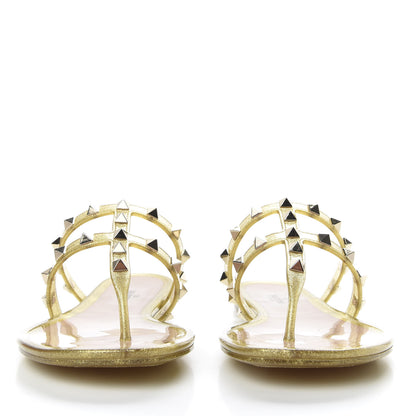 Valentino Garavani PVC Jelly Glitter Rockstud Caged Flat Thong Sandals 37 Oro 2 of 9