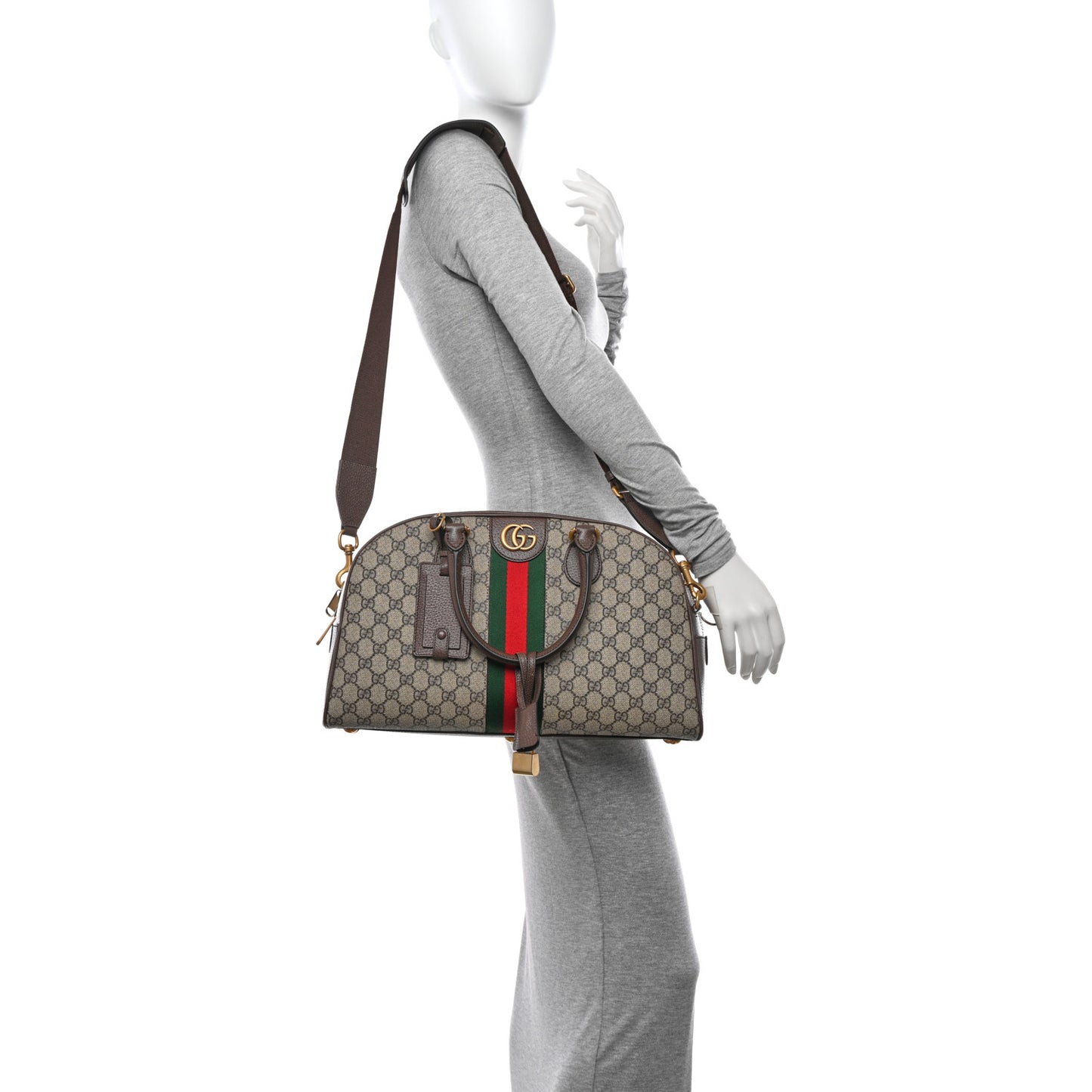 GG Supreme Monogram Textured Dollar Calfskin Web Medium Savoy Bowling Bag Beige Ebony New Acero