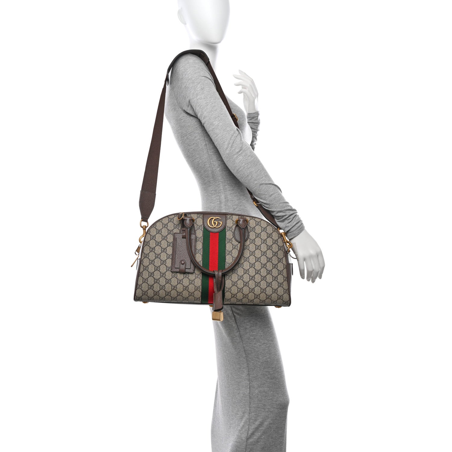 Gucci GG Supreme Monogram Textured Dollar Calfskin Web Medium Savoy Bowling Bag Beige Ebony New Acero 2 of 10