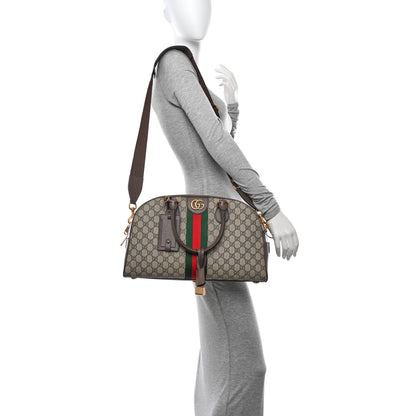 Gucci GG Supreme Monogram Textured Dollar Calfskin Web Medium Savoy Bowling Bag Beige Ebony New Acero 2 of 10