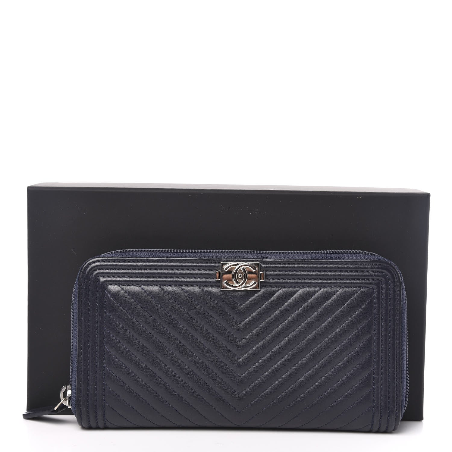 Chanel Lambskin Chevron Quilted Zip Around Boy Wallet Navy Blue 9 of 9