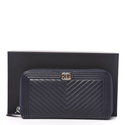 Chanel Lambskin Chevron Quilted Zip Around Boy Wallet Navy Blue 9 of 9