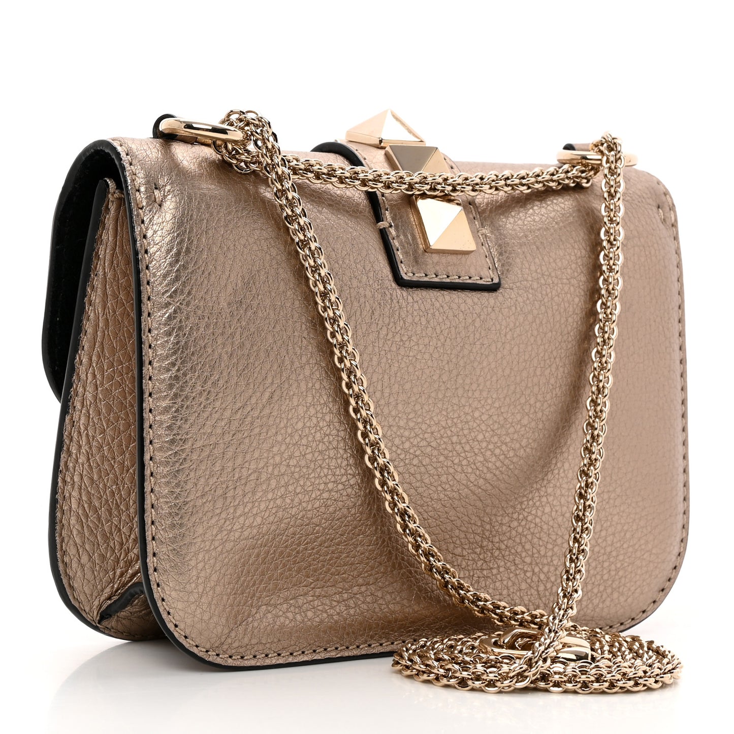 Metallic Vitello Small Glam Lock Rockstud Flap Platino