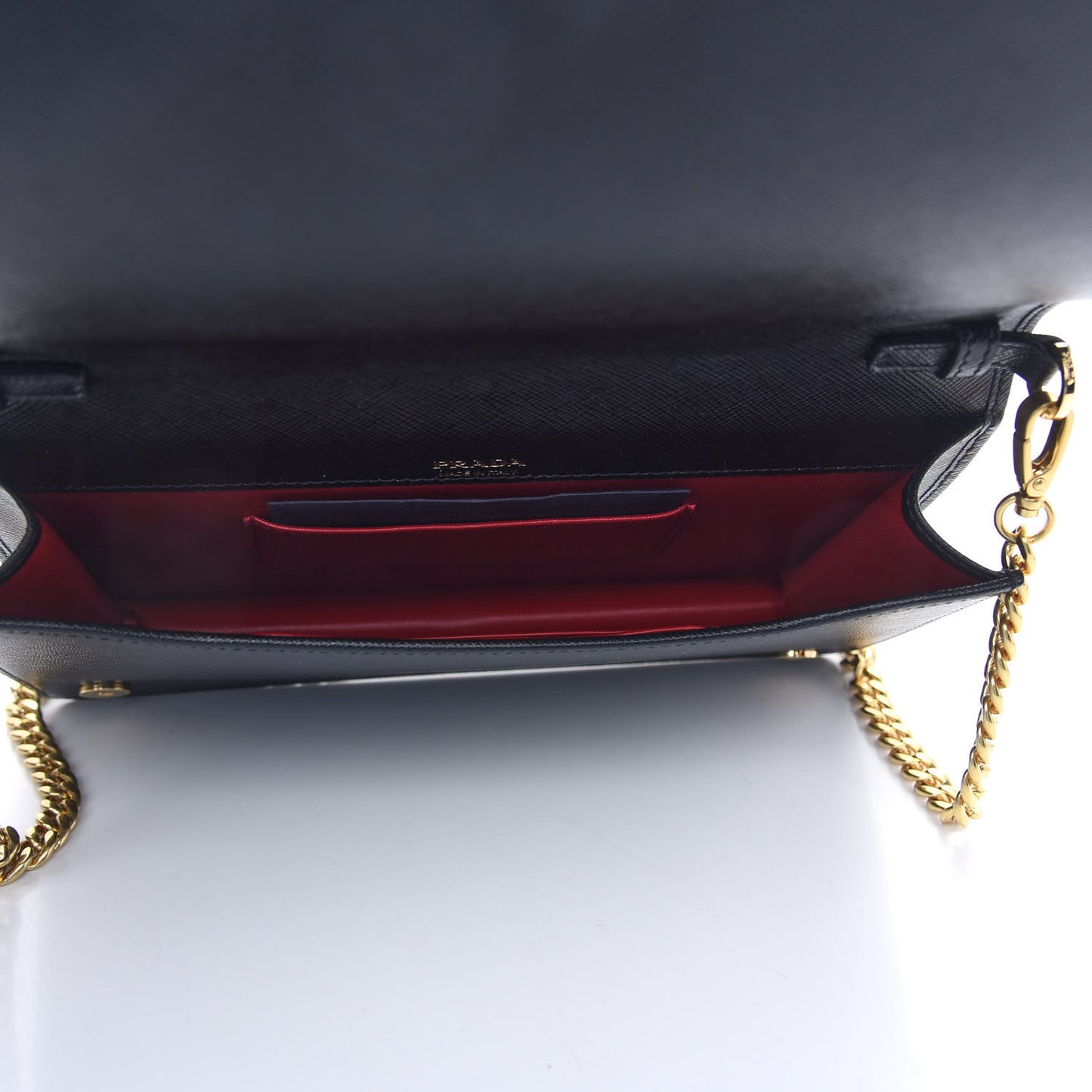 Saffiano Lux Metal Logo Chain Flap Crossbody Bag Black