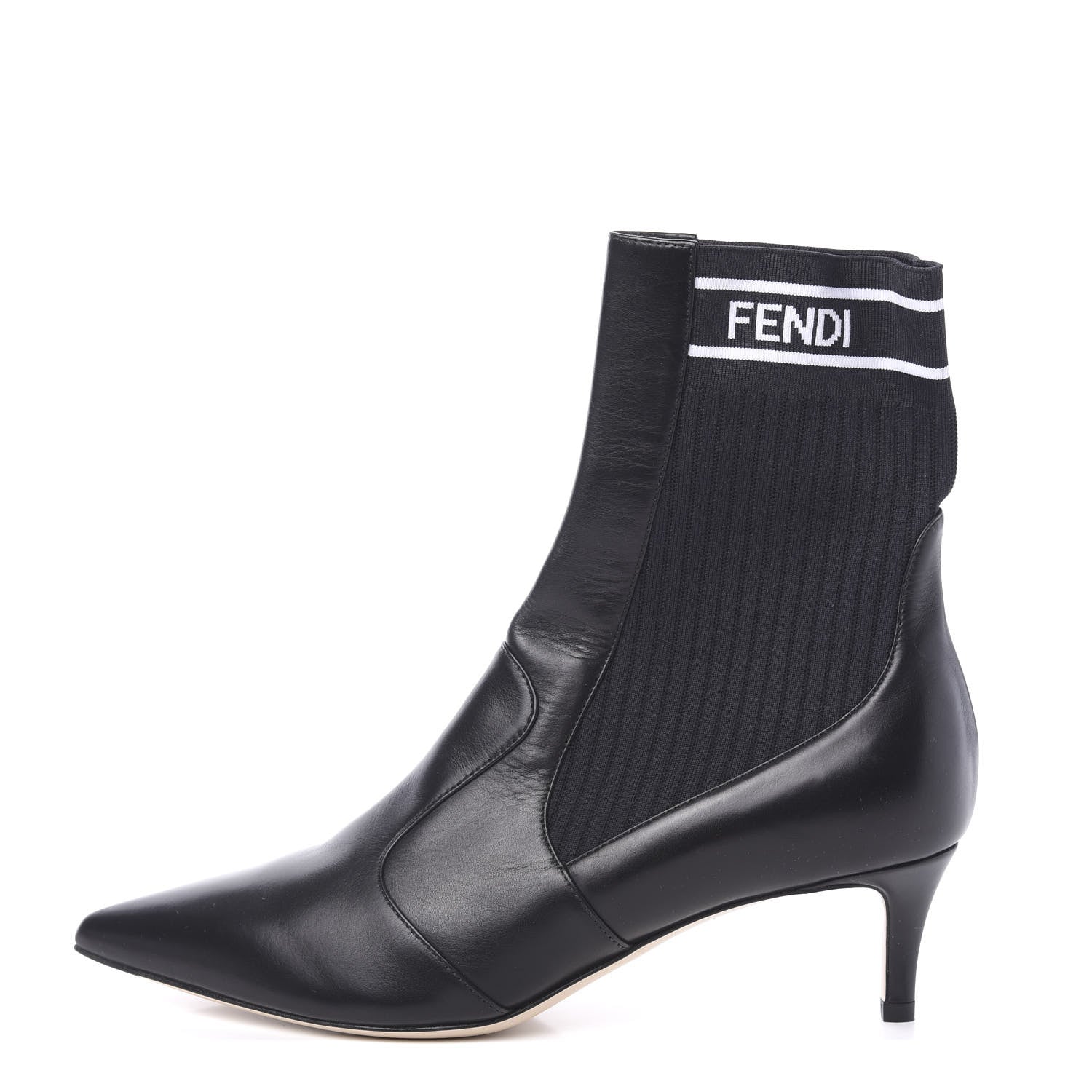 Fendi Vitellino Stretch Fabric Logo Rockoko Low Heel Sock Boots 36.5 Black White 1 of 6