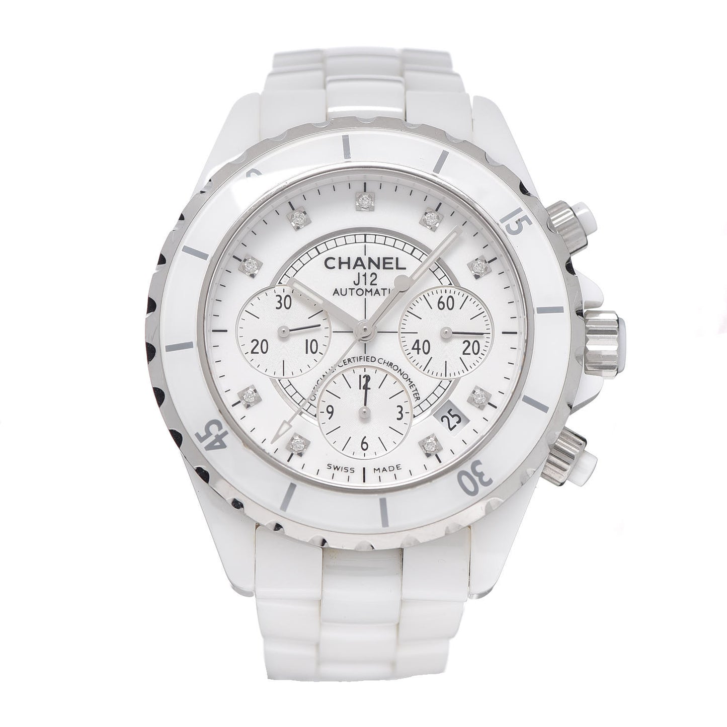 Stainless Steel Ceramic Diamond 41mm J12 Chronograph Automatic Watch White