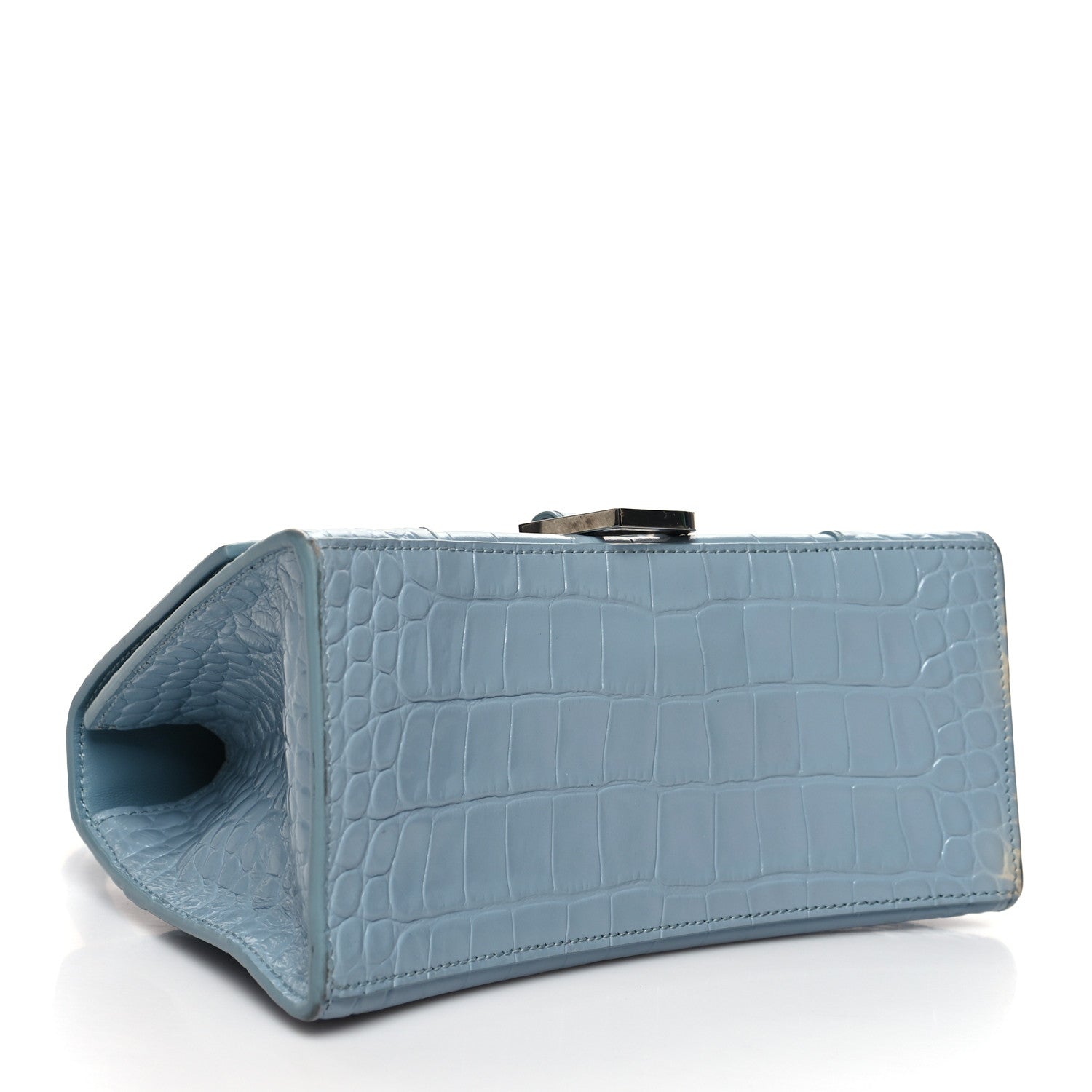 Balenciaga Shiny Calfskin Crocodile Embossed Small Hourglass Top Handle Bag Blue Grey 4 of 16