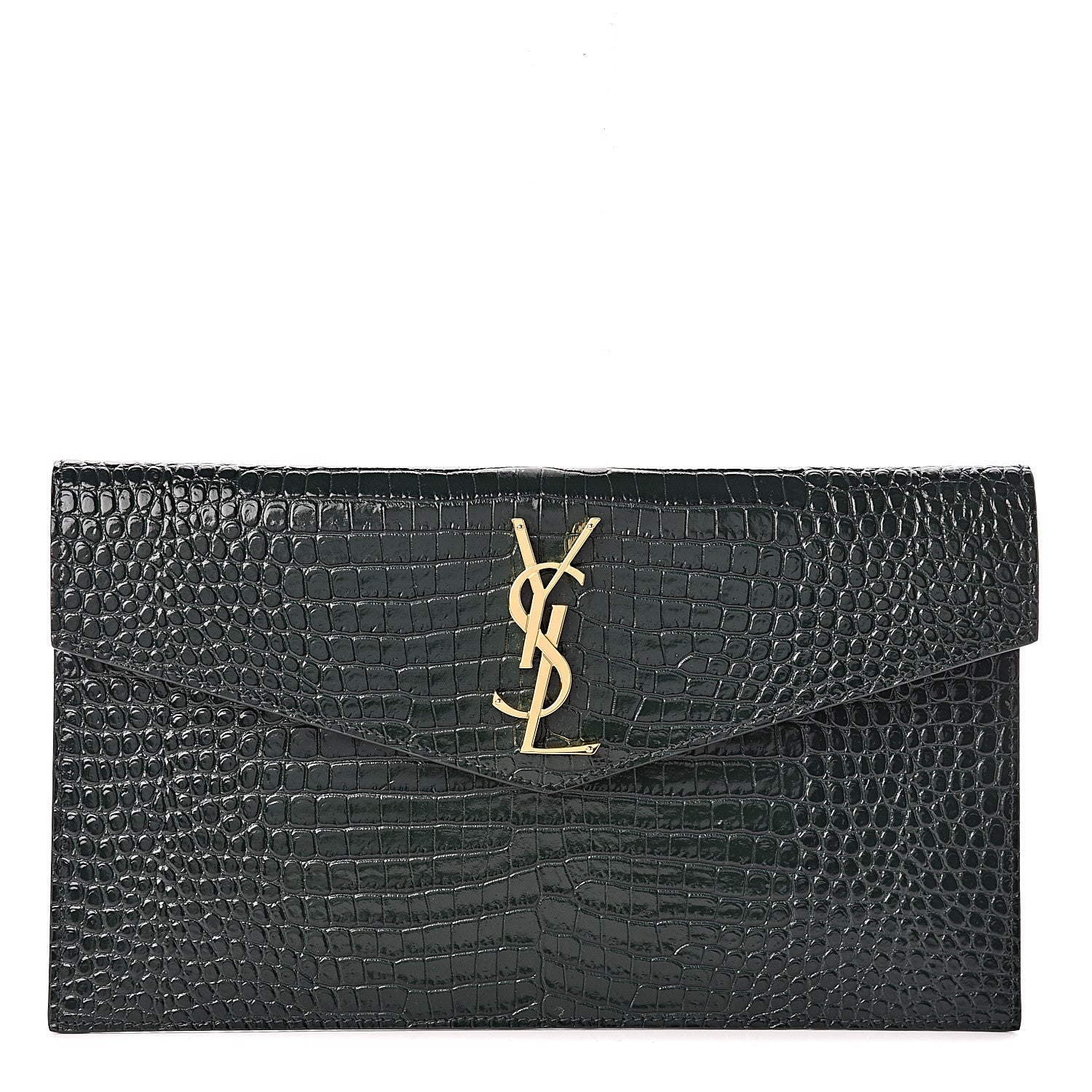 Saint Laurent Calfskin Crocodile Embossed Uptown Monogram Clutch Dark Green 1 of 7