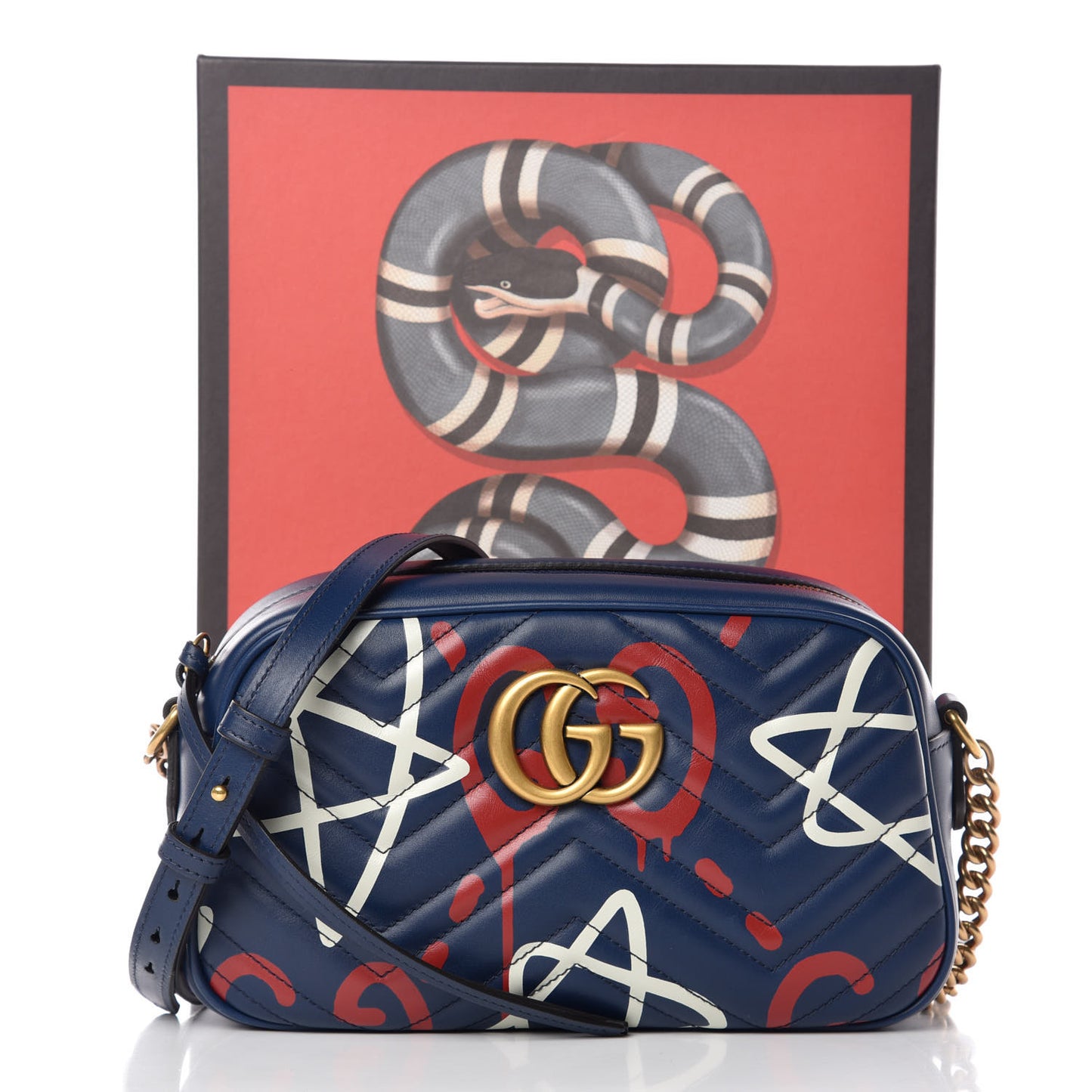 Calfskin Matelasse GucciGhost Small GG Marmont Chain Shoulder Bag Blue Agata Hibiscus Red