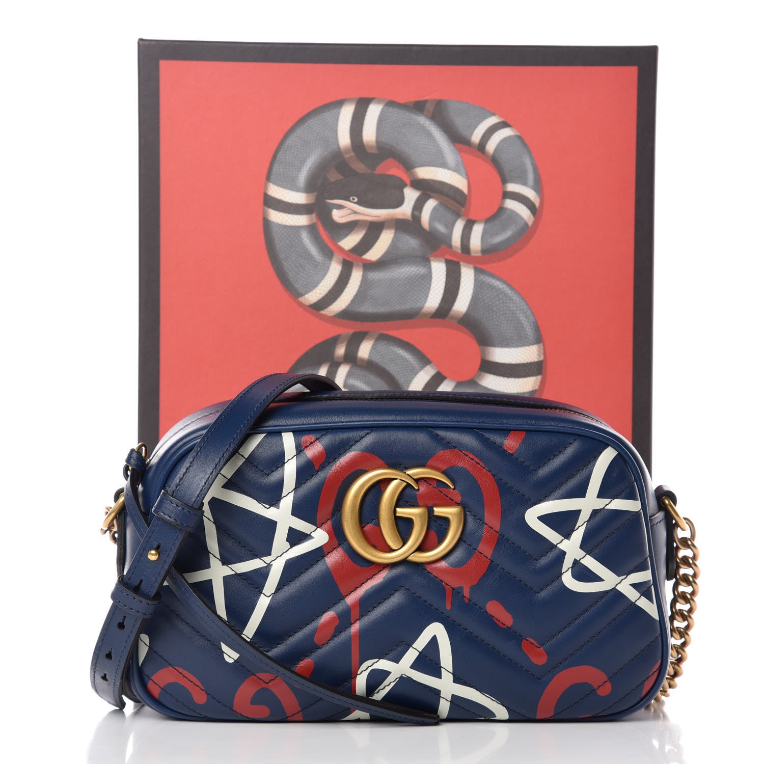 Gucci Calfskin Matelasse GucciGhost Small GG Marmont Chain Shoulder Bag Blue Agata Hibiscus Red 8 of 8