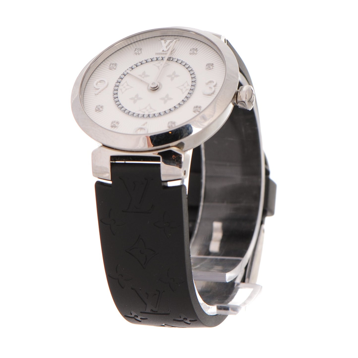 Stainless Steel Rubber Diamond 33mm Tambour Slim Quartz Watch