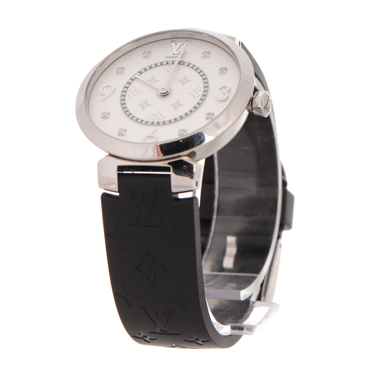 Louis Vuitton Stainless Steel Rubber Diamond 33mm Tambour Slim Quartz Watch 7 of 9