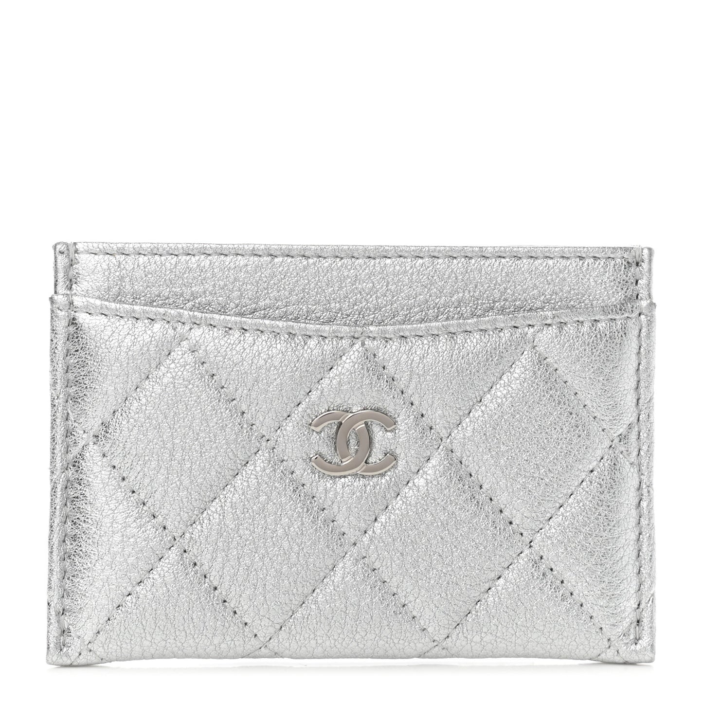 Metallic Goatskin Quilted CC Card Holder Silver
